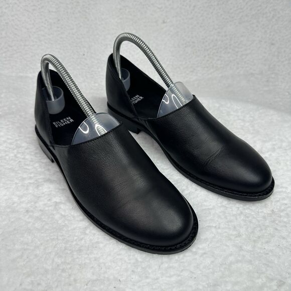 Eileen Fisher Allen Black Leather Loafers Womens 7 Slip On Flats Minimalist Work - Picture 10 of 10